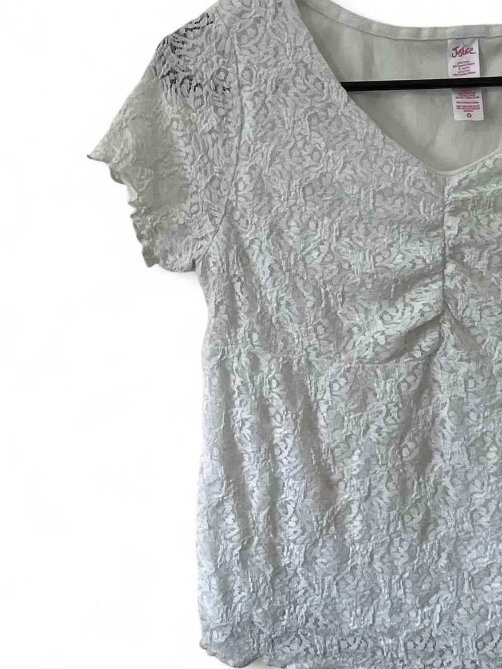 Girls XL 16/18 Justice Short Sleeve Layered White Lace Blouse Cinched Empire Hem